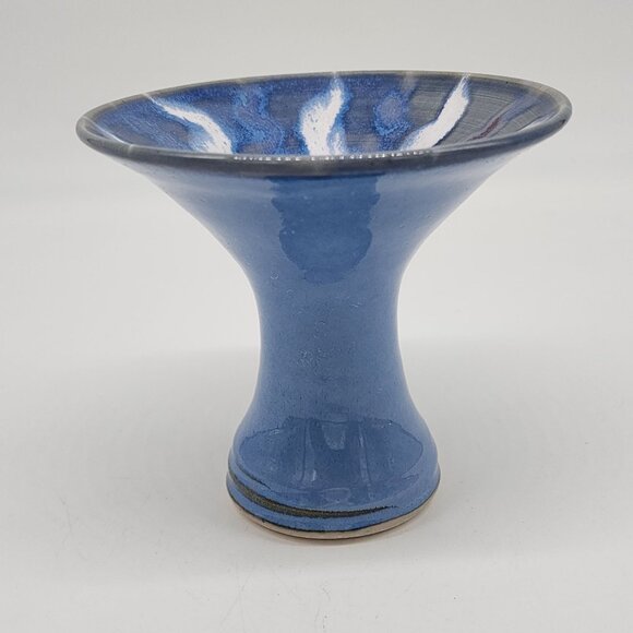 Handmade Blue Ceramic Candle Holder Vase Unique White Drip Artist Signed - Picture 5 of 7